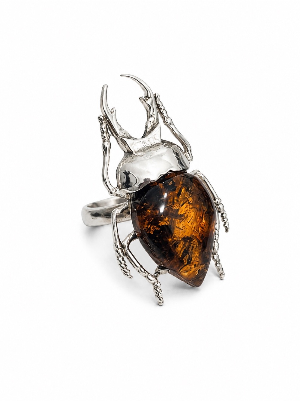 Silver Beetle Ring with Amber Stone - Brown